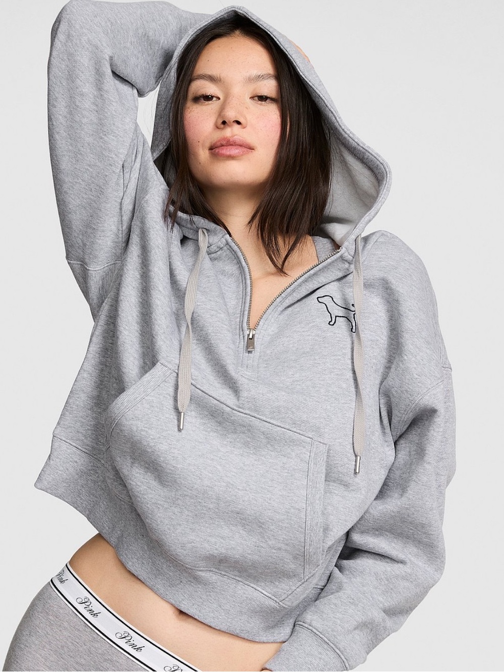 PINK Victoria's Secret Heather Gray Cropped Half-Zip Hoodie